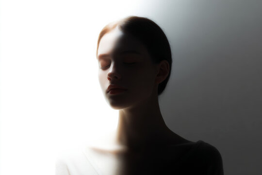 Minimal split light and dark portrait of a woman's face with half in shadow for editorial background and dramatic poster design