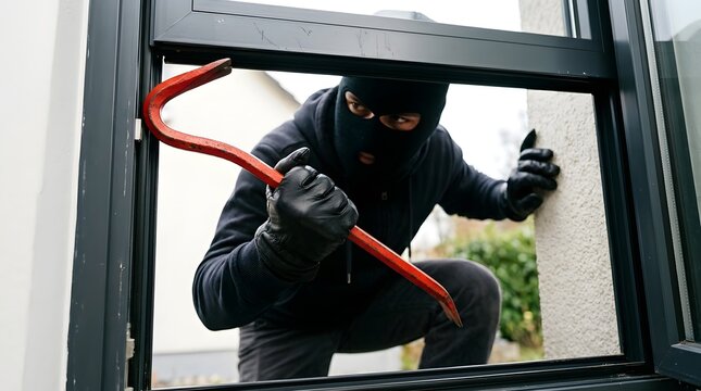 A burglar in black clothes and gloves holds a crowbar while breaking into a house through a window.