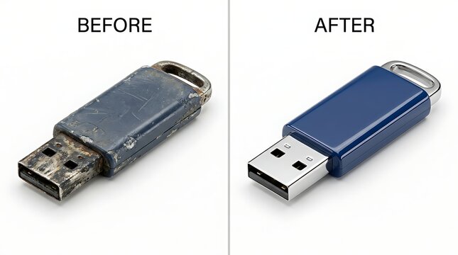 Comparison of a dirty, old USB flash drive before and a clean, new blue USB drive after restoration.