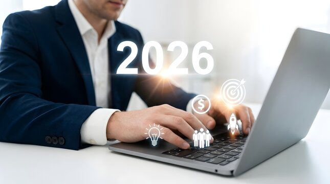 Man in business suit types on laptop with people icons and 2026 text