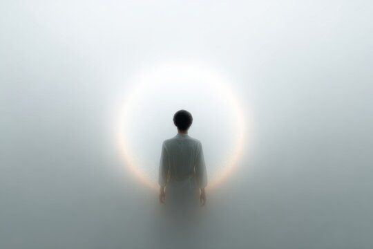 Minimal solitary figure facing a luminous halo ring in mist for spiritual background and meditation wallpaper