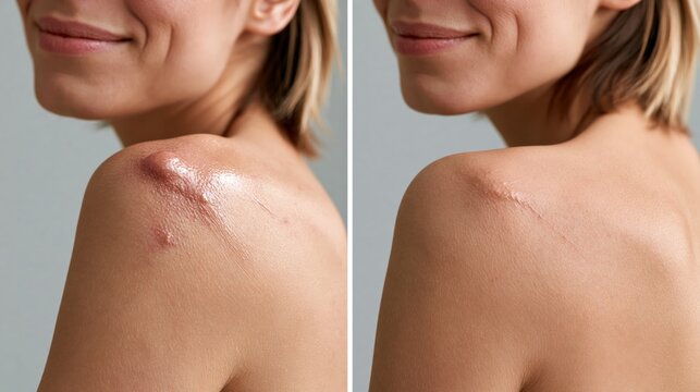 Split frame showing a keloid at a vaccination site versus smooth skin. Concept of shoulder keloid removal.