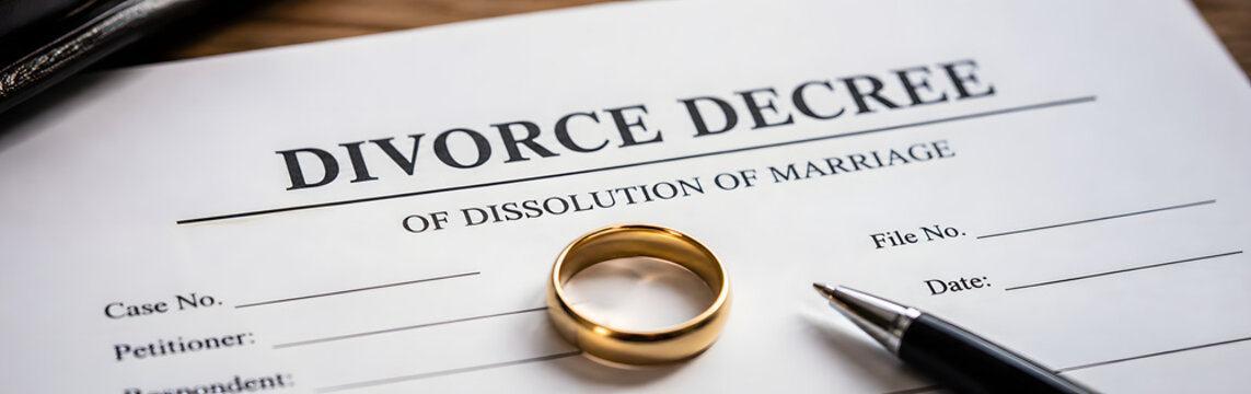 Divorce decree document with wedding ring and pen