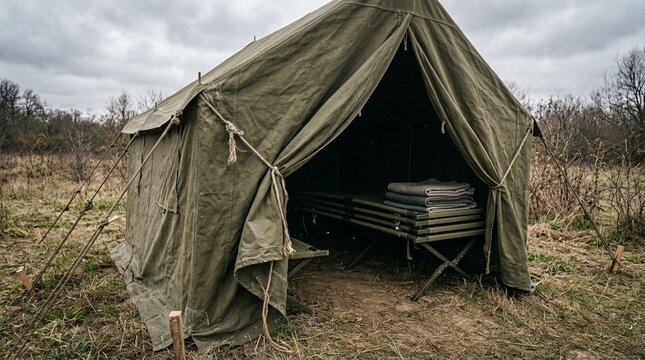 Handmade Quarantine Tent Flap Tied Open Revealing Folded Cots Inside &ndash; Public Health & Rural Clinic Stock Photo