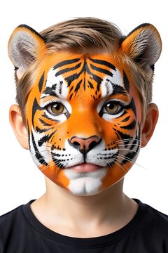 Portrait of man with orange tiger face mask for party