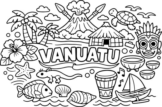Vanuatu, punti di riferimento, contorno di cartone animato disegnato a mano, illustrazione Line Art, doodle art, pagina da colorare per bambini