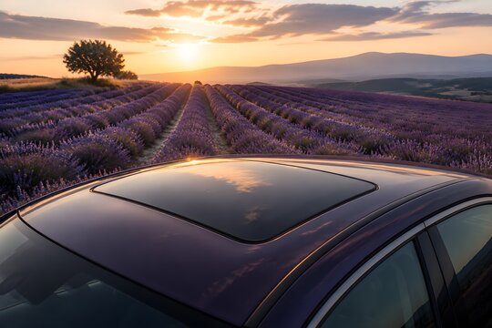 Closed Sunroof Rests Above Blooming Lavender Fields in Scenic Automotive Countryside Photography Scene Composition Design