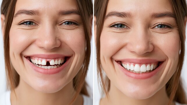Split frame showing a gap between upper front teeth versus a closed seamless smile. Concept of diastema correction.