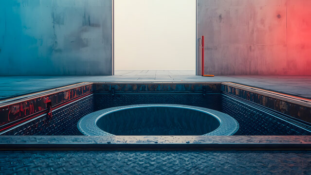 Minimalist Outdoor Circular Pool Jacuzzi with Red Column Detail