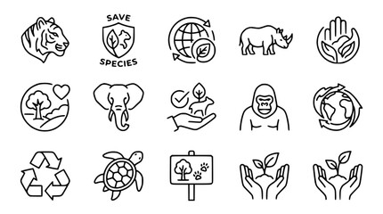 Wildlife Conservation Icons: Tiger, Rhino, Gorilla, Elephant, Turtle, Nature, Recycling © Ceblok