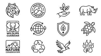 Wildlife Conservation Icons: Tiger, Elephant, Rhino, Turtle, Eagle, Nature Symbols © Ceblok