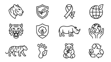 Fototapeta premium Wildlife Conservation Icons: Tiger, Rhino, Panda, Earth, Shield, Footprint, Recycle