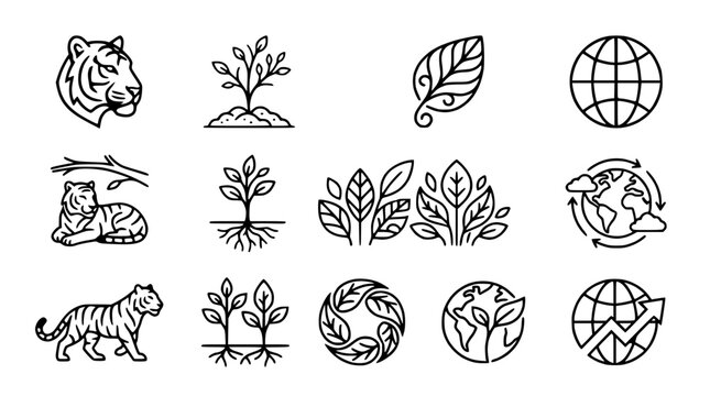 Nature Icons: Tiger, Tree, Leaf, Globe, Earth, Growth, Recycling - Set of Vector Illustrations