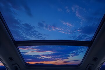 Fototapeta premium Glass Sunroof Rests Beneath Vivid Blue Twilight in Elegant Automotive Landscape Photography Scene Composition Design