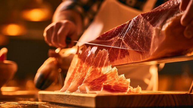 Cortador carving slices from a cured ham leg on a jamonero with slices falling onto a board. Concept of jamon slicing.