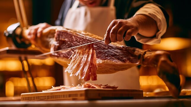 Cortador carving slices from a cured ham leg on a jamonero with slices falling onto a board. Concept of jamon slicing.