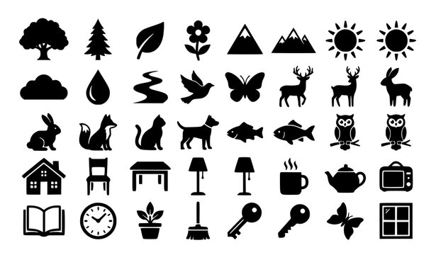 Black and white silhouette icon set with nature elements animals and household objects for creative design projects isolated on white background