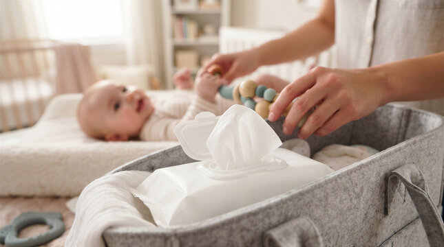 Closeup of a mother preparing to change her babys diaper, reaching for baby wipes from a felt organizer basket in a nursery