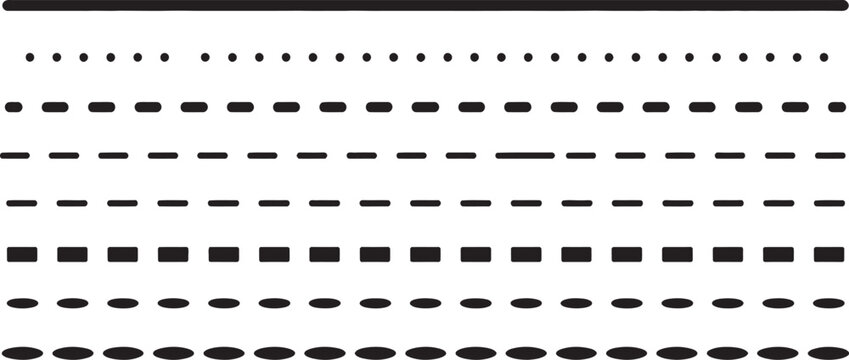 Set of black dashed and dotted line dividers with different stroke weights and rounded edges on transparent background, vector illustration for borders, separators, and graphic design.