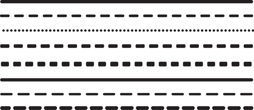 Set of black dashed and dotted line dividers with different stroke weights and rounded edges on transparent background, vector illustration for borders, separators, and graphic design.