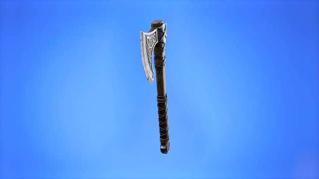 High-detail 3D render of a heavy medieval war axe with steel blade detailing, isolated on a bright solid blue background. Ideal for action game promos, historical weapon documentaries, fantasy RPG wea