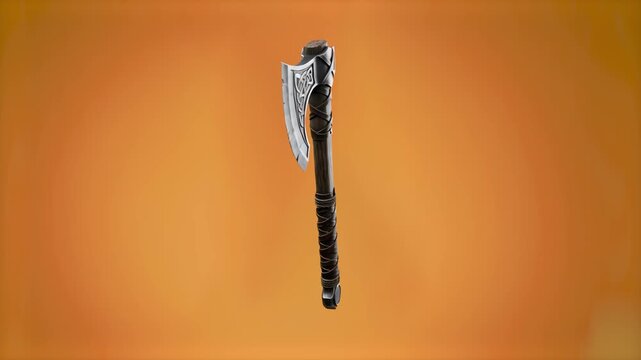 3D animation of a detailed medieval steel battle axe viewed from the side profile. Isolated on a warm orange background, ideal for cinematic, gaming, action, or fantasy video projects.