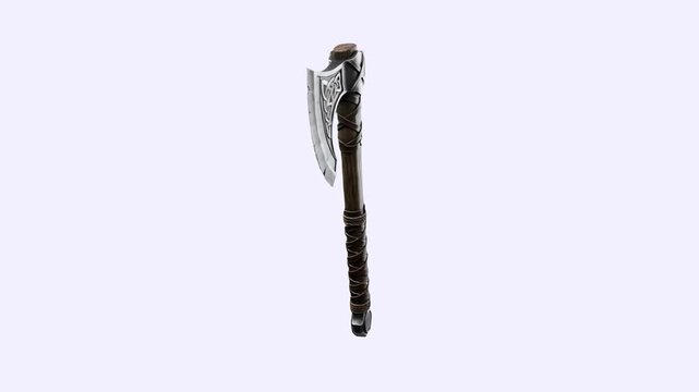 3D render of a detailed medieval battle axe with a steel blade and wrapped handle, shown from a side profile view. Isolated on a light background for gaming, fantasy, or historical project usage.