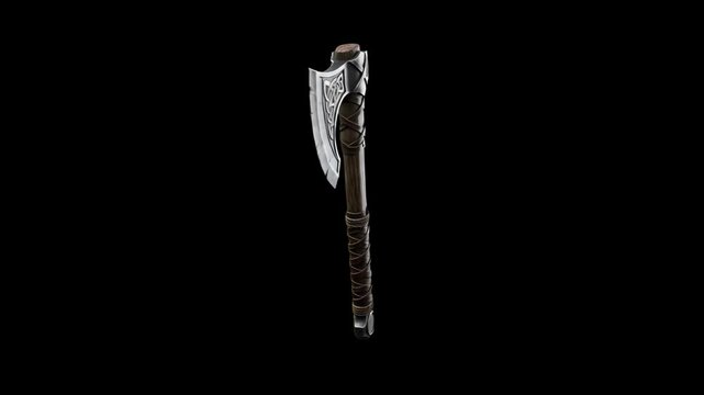 Detailed 3D model of a sharp medieval battle axe with an engraved steel blade and wrapped handle, isolated against a solid pitch-black background. Perfect for barbarian warrior videos, Viking action g