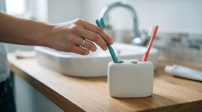 Closeup of a persons hand placing a teal toothbrush into a white ceramic holder on a wooden bathroom vanity with a sink in the background