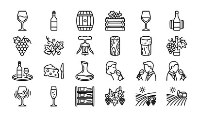 Obraz premium Wine Making and Sommelier Tasting Line Icon Set with Vineyard Winery Symbols for Restaurant Menus, Alcohol E-commerce Stores, and Beverage Infographic Layouts