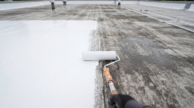 Worker applying white reflective roof coating on a flat commercial roof with a paint roller to improve energy efficiency and waterproofing