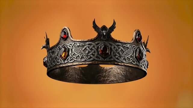A detailed 3D render asset of an ornate, dark silver or iron gothic royal crown decorated with Celtic knot patterns, sharp wings, and red ruby gemstones. Placed against a warm, solid orange backdrop, 