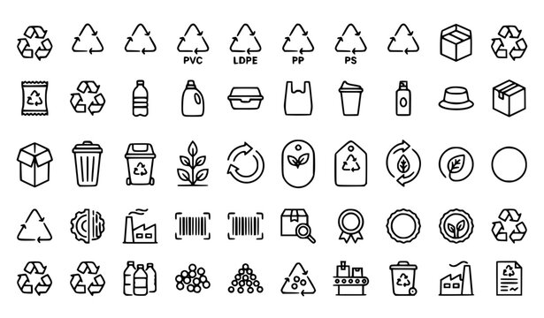 Plastic Recycling Codes and Eco Friendly Package Icon Set with Waste Management Symbols for Sustainability Labels, Product Packaging, and Environmental Graphics