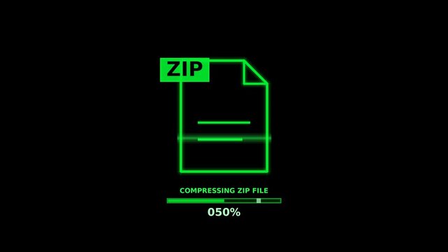 Green Neon ZIP File Compression Progress UI on Black Background