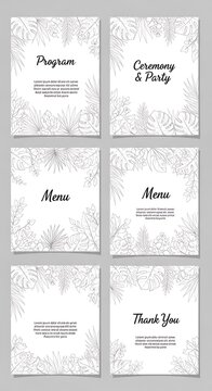 A collection of six elegant white wedding program cards with grey floral patterns and black text