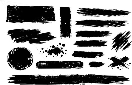  A set of textures using black paint applied with a roller and dry brushstrokes, isolated on a transparent or white background.