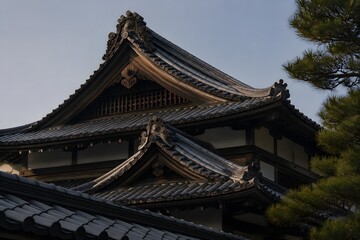 Obraz premium Traditional Japanese Roof Displays Dark Ceramic Tiles and Gracefully Curved Eaves in Elegant Architectural Photography
