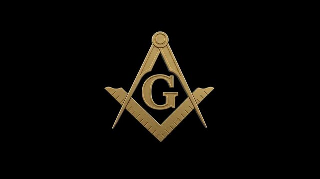 High-contrast 3D render of a metallic gold Masonic Square and Compasses symbol with letter G, isolated against a solid pitch-black background. Perfect for mystery documentary overlays, cinematic secre