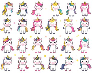Fototapeta premium A colorful illustration of 20 cartoon unicorns with various manes