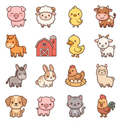 Obraz premium Comprehensive farm animal icon set with various cute characters.