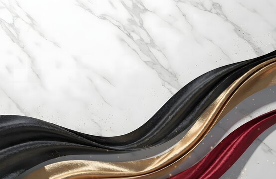 Black gold and red flowing fabric on marble.