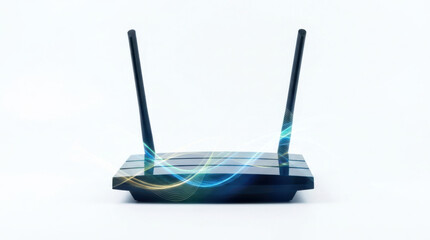 Fototapeta premium Wireless router with two antennas and glowing data waves on white background, symbolizing fast internet connection