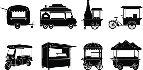 Food truck and street food cart black silhouette vector icons set featuring trailers kiosks and catering vehicles © Abdul