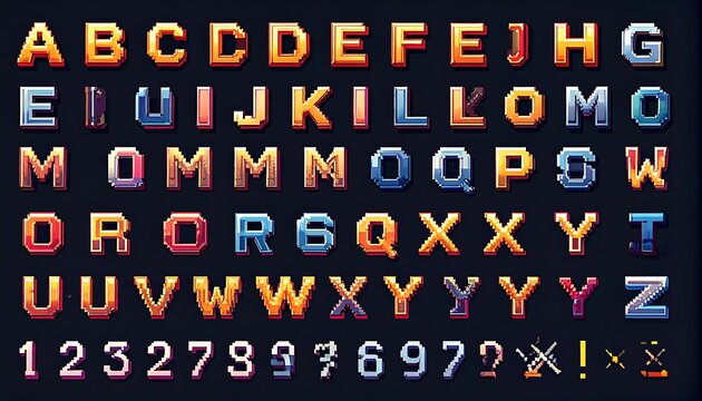 A colorful alphabet and number display with gradient letters and symbols