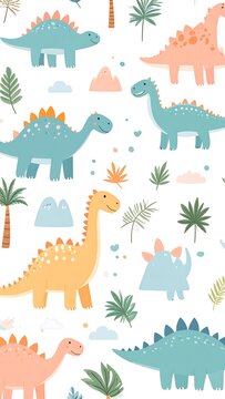 A colorful illustration of various dinosaurs and plants on a white background