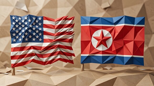 USA and north korea flags origami style.