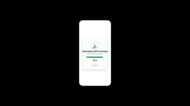 Smartphone screen showing successful ZIP file upload progress bar