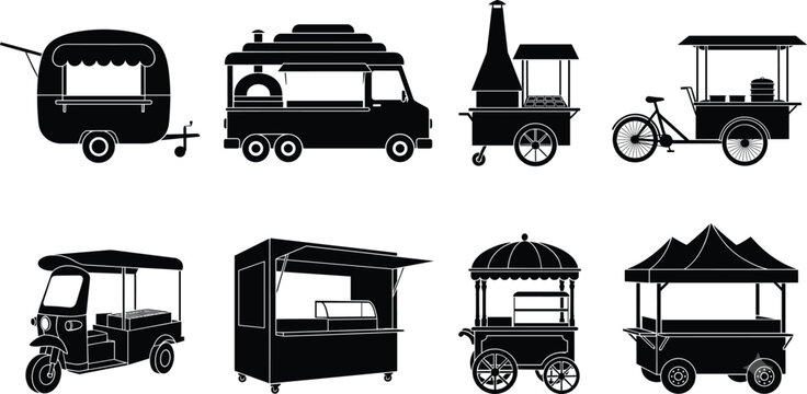 Food truck and street food cart black silhouette vector icons set featuring trailers kiosks and catering vehicles