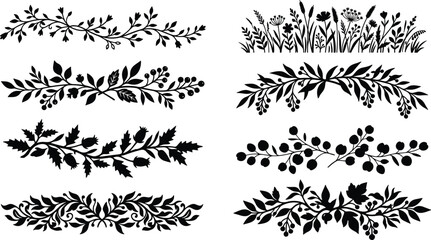 Floral dividers and botanical border silhouettes set with wild field grass leaves and decorative berry branches © Abdul