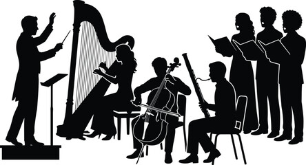 Professional Orchestra Silhouette Musicians Conductor Choir Harp Cello Bassoon Classical Music Vector Set © Sreekhamol